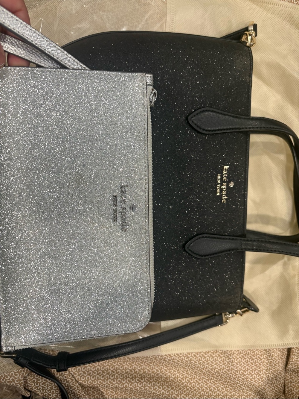 kate spade Black Glitter Satchel with Silver Glitter Wristlet